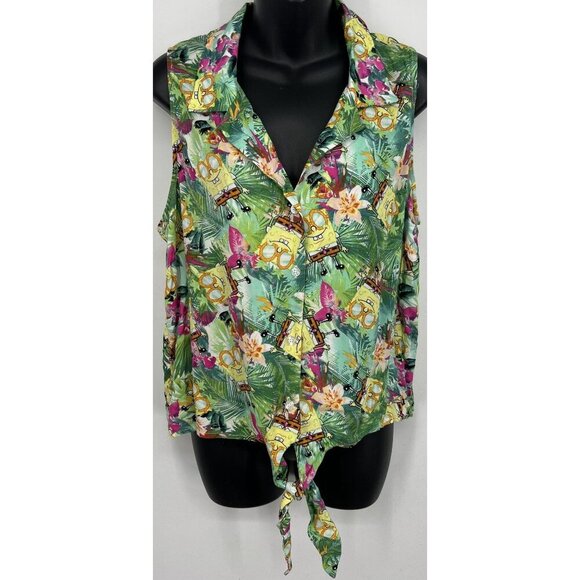 Hot Topic Womens Spongebob Button Down Collar V-Neck Tie Waist Top Blouse Size L - Picture 1 of 9